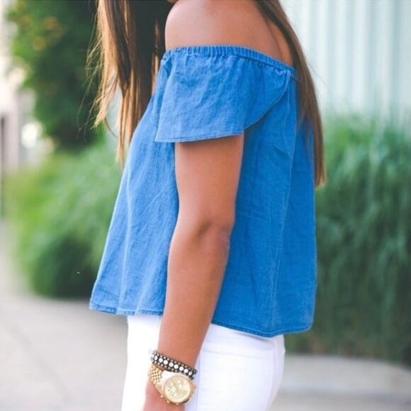 J CREW Off the Shoulder Chambray Top Size Small Boho Summer Coastal Chic Casual - Picture 3 of 7